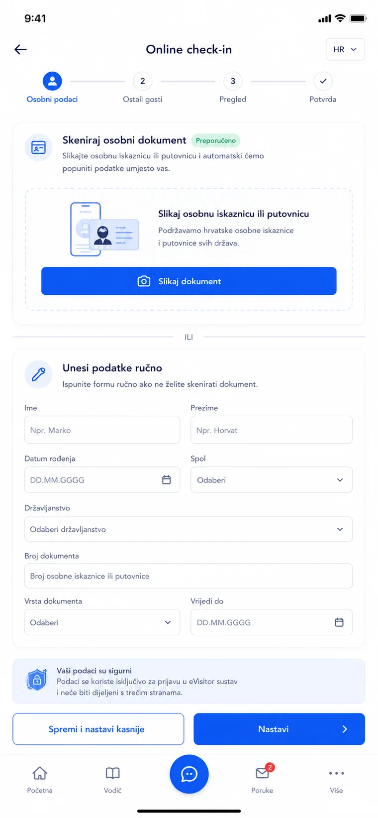Stvarni mobilni ekran online prijave gosta i eVisitor forme