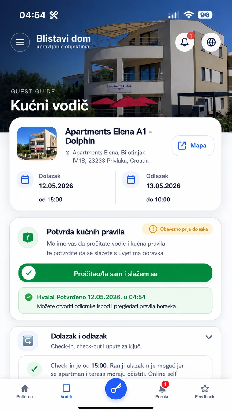 Stvarni mobilni ekran prihvaćanja kućnih pravila prije ulaska