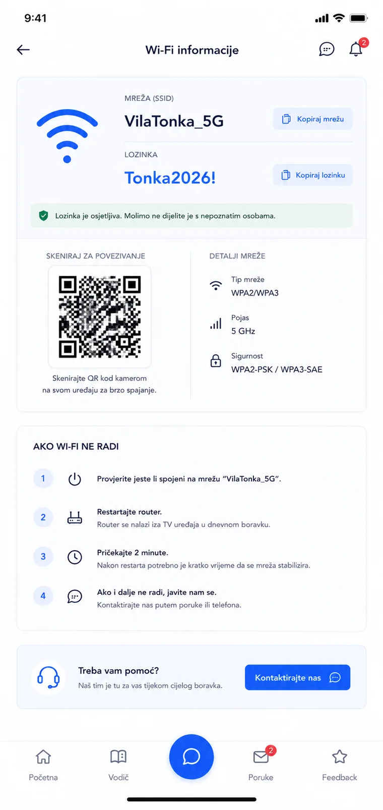 Stvarni mobilni ekran digitalnog vodiča s Wi-Fi informacijama